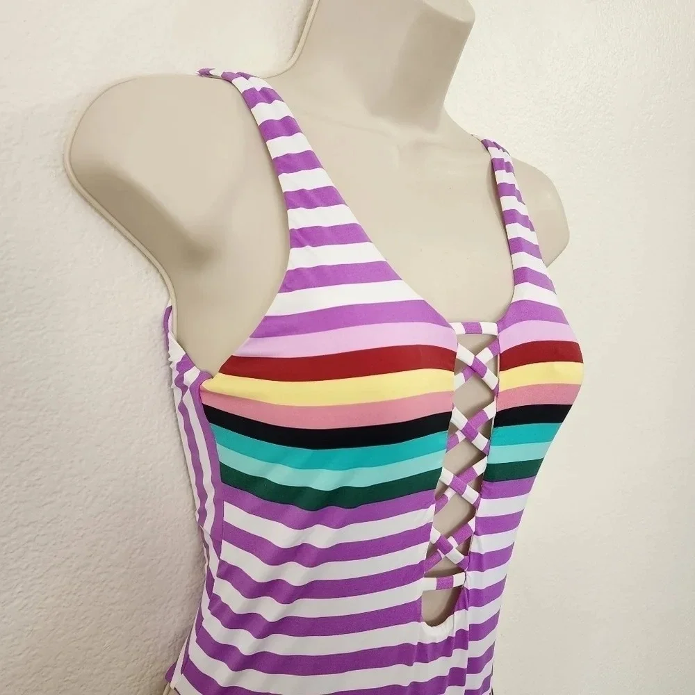 THE BIKINI LAB Purple Striped One Piece Swimsuit XS NWT